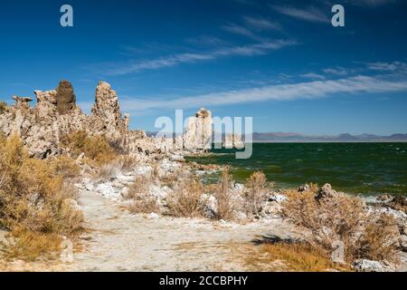 Mono Lake Shore path, i colori dell'autunno. Mono Lago di tufo Riserva Naturale Statale, California. Foto Stock