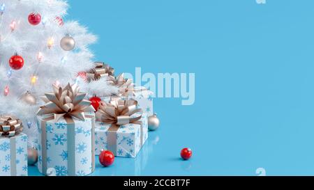 Primo piano di albero di Natale e scatole regalo con copyspace. Luci di Natale appese in un albero. Sfondo di Natale. Rendering 3D. Foto Stock