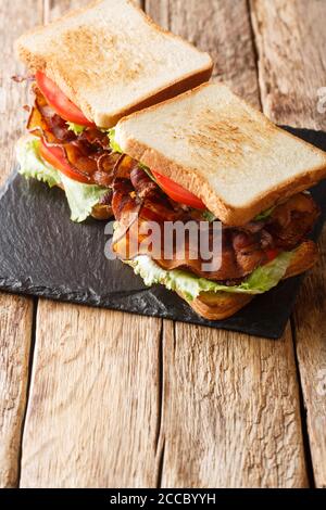 Panini fatti in casa con pancetta croccante, insalata fresca e pomodori primo piano su una tavola di ardesia sul tavolo. Verticale Foto Stock
