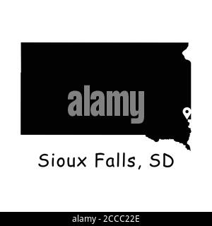 Sioux Falls sulla mappa statale del South Dakota. Mappa dettagliata dello stato di SD con pin sulla città di Sioux Falls. Mappa vettoriale silhouette nera isolata sulla parte posteriore bianca Illustrazione Vettoriale