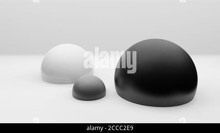Rendering 3d minimo, illustrazione cgi, palline lucide bianche e nere, sfere o globi su sfondo bianco o grigio dello studio, metà Foto Stock