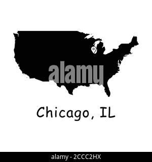 Chicago il sulla mappa degli Stati Uniti. Mappa dettagliata dei Paesi dell'America con pin sulla posizione di Chicago, Illinois. Mappe vettoriali di silhouette nere isolate su sfondo bianco. Illustrazione Vettoriale
