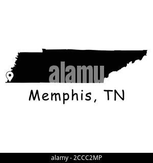 Memphis sulla Tennessee state Map. Mappa dettagliata dello stato di TN con pin sulla città di Memphis. Mappa vettoriale silhouette nera isolata su sfondo bianco. Illustrazione Vettoriale
