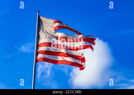 08.08.2013, Berlino, Stelle e strisce, una bandiera degli Stati Uniti d'America che sventola nel vento in una versione estremamente frantumata come simbolo di uno stato disperato degli Stati Uniti contro un cielo blu e leggermente nuvoloso. La bandiera mostra sette strisce rosse e sei strisce bianche, che stanno per i 13 stati fondatori, e un campo bandiera blu nell'angolo in alto a sinistra, le cui attualmente 50 stelle bianche simboleggiano i 50 stati degli Stati Uniti. | utilizzo in tutto il mondo Foto Stock