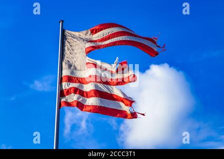 08.08.2013, Berlino, Stelle e strisce, una bandiera degli Stati Uniti d'America che sventola nel vento in una versione estremamente frantumata come simbolo di uno stato disperato degli Stati Uniti contro un cielo blu e leggermente nuvoloso. La bandiera mostra sette strisce rosse e sei strisce bianche, che stanno per i 13 stati fondatori, e un campo bandiera blu nell'angolo in alto a sinistra, le cui attualmente 50 stelle bianche simboleggiano i 50 stati degli Stati Uniti. | utilizzo in tutto il mondo Foto Stock