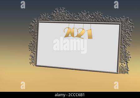 Natale o 2021 Capodanno mock up sfondo. Stile minimalista realizzato in oro fiocchi di neve cornice per il testo. Illustrazione 3D Foto Stock