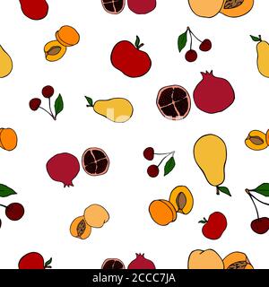 Modello di frutta senza cuciture. Illustrazione vettoriale comprendente mele, pere, albicocche, pesche, melograni e ciliegie. Illustrazione Vettoriale