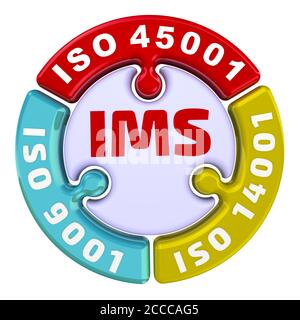 IMS. Sistema di gestione integrato ISO. L'iscrizione IMS. ISO 9001, ISO 14001, ISO 45001 sul puzzle a forma di cerchio. Illustrazione 3D Foto Stock