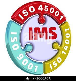 IMS. Sistema di gestione integrato ISO. L'iscrizione IMS. ISO 9001, ISO 14001, ISO 45001 sul puzzle a forma di cerchio. Illustrazione 3D Foto Stock