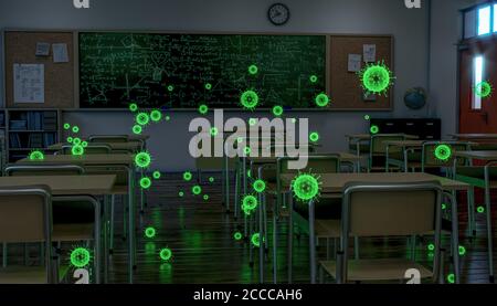 classe scolastica vuota, covid 19 virus evidenziato verde. concetto di pandemia, contagio nelle scuole. rendering 3d Foto Stock