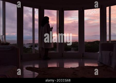 Silhouette di giovane donna che beve vino rosso in Beach House Al tramonto Foto Stock