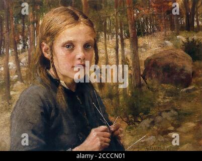 Edelfelt Albert - una ragazza calzini per maglieria - Scuola finlandese - 19 ° secolo Foto Stock