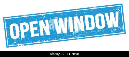 APRIRE il testo DELLA FINESTRA sul simbolo di timbro rettangolare blu. Foto Stock