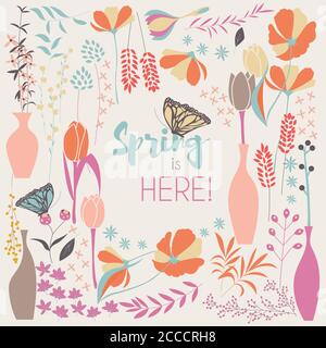 Disegno floreale della scheda di primavera, con fiori disegnati a mano, elementi floreali e farfalle monarca, illustrazione vettoriale Illustrazione Vettoriale
