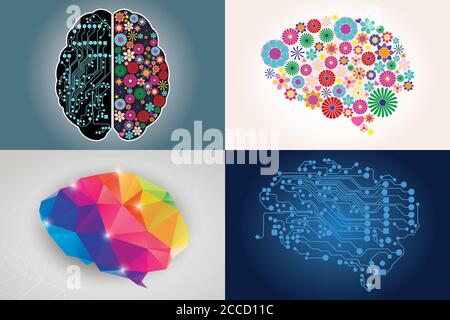 Collezioni di quattro diversi cervelli umani, lato sinistro e destro, creatività e logica Illustrazione Vettoriale