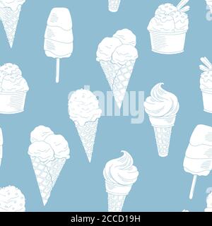 Gelato grafico blu colore dolce cibo senza cuciture motivo sfondo vettore di illustrazione dello schizzo Illustrazione Vettoriale