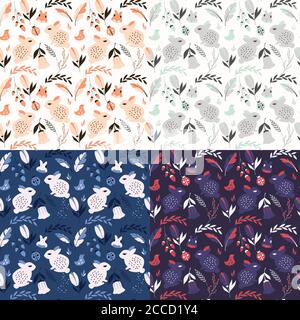 Raccolta di quattro modelli senza giunture con conigli, insetti di signora, uccelli e fiori, illustrazione vettoriale Illustrazione Vettoriale