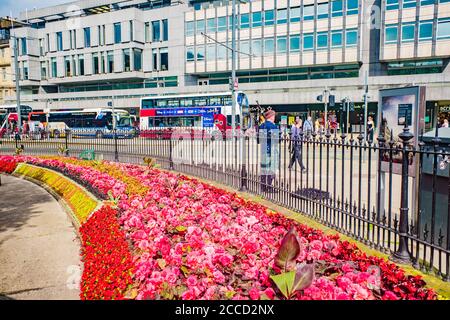 Edimburgo, Scozia 7 agosto 2020 UN scozzese indossando un abito scozzese tradizionale che gioca le cornamuse lungo Princes Street Foto Stock