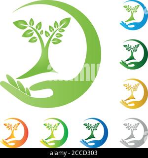 Foglie, albero, persone, mani, naturopata, logo Illustrazione Vettoriale