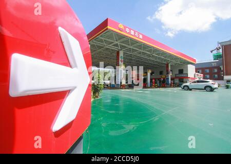 Hanan. 21 Agosto 2020. Foto scattata il 21 agosto 2020 mostra un distributore di benzina a Hanan City, Hebei della Cina del nord. La Cina aumenterà i prezzi al dettaglio della benzina e del diesel a partire da Sabato, la Commissione Nazionale per lo sviluppo e le riforme ha detto Venerdì. Il prezzo della benzina salirà di 85 yuan (circa 12.3 dollari USA) per tonnellata, mentre quello del diesel aumenterà di 80 yuan. Credit: Li Hao/Xinhua/Alamy Live News Foto Stock