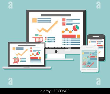 Raccolta di icone piatte telefono cellulare, laptop, computer, dispositivo elettronico, web design reattivo, elementi infografici Illustrazione Vettoriale