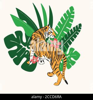 tigre disegnata a mano con foglie tropicali esotiche, illustrazione vettoriale piatta Illustrazione Vettoriale