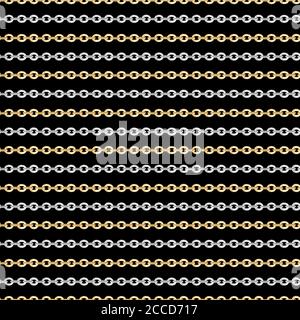 Motivo senza cuciture di piccole catene dorate e argentate su sfondo nero. Design di ripetizione pronto per tessuti, stampe, tessuti. Foto Stock
