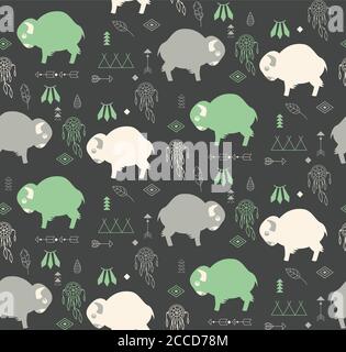 Modello senza cuciture con simpatici baby buffaloes e simboli nativi americani, illustrazione vettoriale Illustrazione Vettoriale