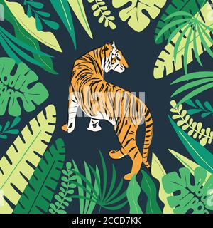 tigre disegnata a mano con foglie tropicali esotiche, illustrazione vettoriale piatta Illustrazione Vettoriale