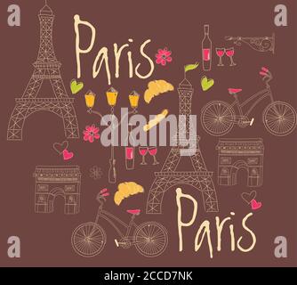Simboli di Parigi, cartolina, disegnata a mano, illustrazione vettoriale Illustrazione Vettoriale