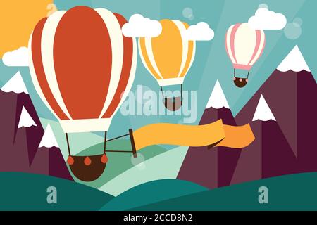 Mongolfiere che volano sulle montagne con banner, illustrazione vettoriale Illustrazione Vettoriale