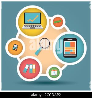 Raccolta di icone di design piatto, computer e dispositivi mobili, cloud computing, comunicazione Illustrazione Vettoriale