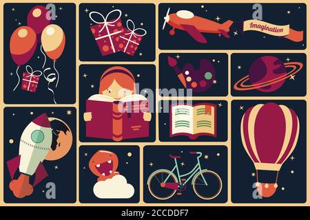 Sfondo con oggetti di immaginazione e una ragazza che legge un libro, palloncini, razzo nave, spazio, pianeti, illustrazione vettoriale Illustrazione Vettoriale