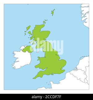 Mappa del Regno Unito di Gran Bretagna e Irlanda del Nord verde evidenziata con i paesi vicini. Illustrazione Vettoriale