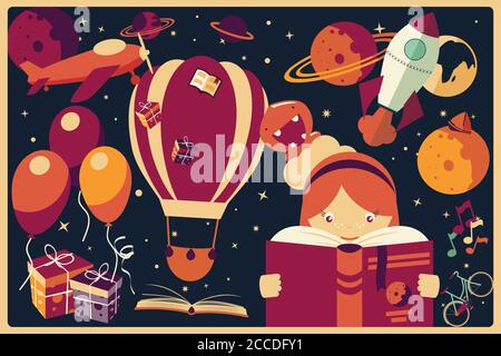 Sfondo con oggetti di immaginazione e una ragazza che legge un libro, palloncini, razzo nave, spazio, pianeti, illustrazione vettoriale Illustrazione Vettoriale