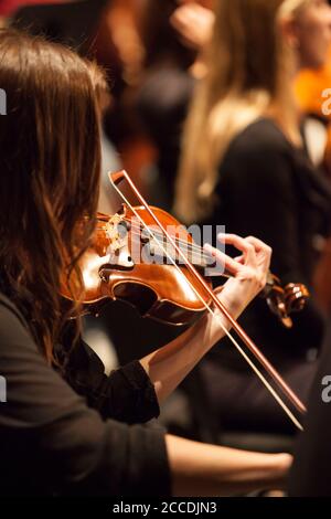 violinista di bruna femminile irriconoscibile che suona in un'orchestra professionale. Profondità di campo poco profonda. Foto Stock