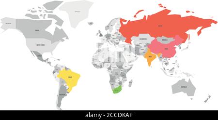 Mappa mondiale con i paesi membri evidenziati dei BRICS - associazione di cinque principali economie nazionali emergenti - Brasile, Russia, India, Cina e Sudafrica. Illustrazione Vettoriale