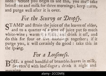 Covid Lockdown ha visto ricomparsa di casi di Scurvy con dieta carente di vitamina. ricetta del 18 ° secolo per rimedi scurvy. Vedere Aggiungi. Note per saperne di più Foto Stock