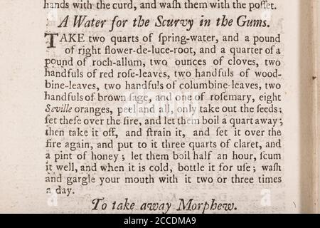 Covid Lockdown ha visto ricomparsa di casi di Scurvy con dieta carente di vitamina. ricetta del 18 ° secolo per rimedi scurvy. Vedere Aggiungi. Note per saperne di più Foto Stock