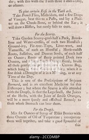 Covid Lockdown ha visto ricomparsa di casi di Scurvy con dieta carente di vitamina. ricetta del 18 ° secolo per rimedi scurvy. Vedere Aggiungi. Note per saperne di più Foto Stock