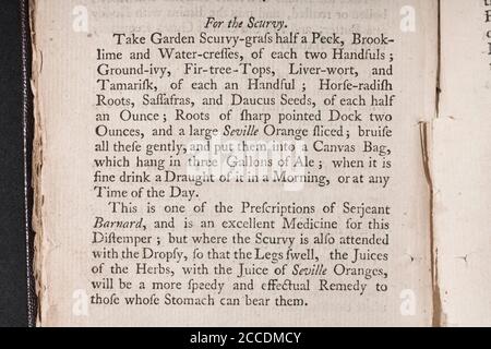 Covid Lockdown ha visto ricomparsa di casi di Scurvy con dieta carente di vitamina. ricetta del 18 ° secolo per rimedi scurvy. Vedere Aggiungi. Note per saperne di più Foto Stock
