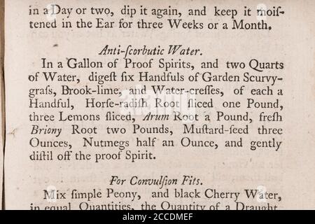 Covid Lockdown ha visto ricomparsa di casi di Scurvy con dieta carente di vitamina. ricetta del 18 ° secolo per rimedi scurvy. Vedere Aggiungi. Note per saperne di più Foto Stock