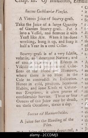 Covid Lockdown ha visto ricomparsa di casi di Scurvy con dieta carente di vitamina. ricetta del 18 ° secolo per rimedi scurvy. Vedere Aggiungi. Note per saperne di più Foto Stock