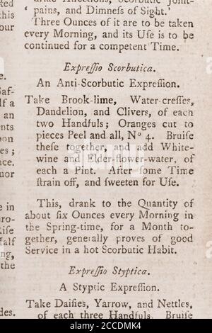 Covid Lockdown ha visto ricomparsa di casi di Scurvy con dieta carente di vitamina. ricetta del 18 ° secolo per rimedi scurvy. Vedere Aggiungi. Note per saperne di più Foto Stock