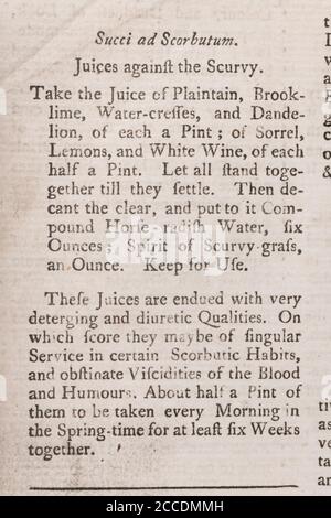 Covid Lockdown ha visto ricomparsa di casi di Scurvy con dieta carente di vitamina. ricetta del 18 ° secolo per rimedi scurvy. Vedere Aggiungi. Note per saperne di più Foto Stock