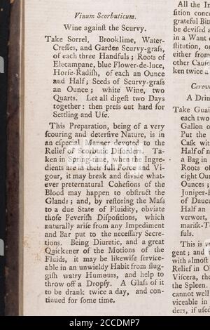 Covid Lockdown ha visto ricomparsa di casi di Scurvy con dieta carente di vitamina. ricetta del 18 ° secolo per rimedi scurvy. Vedere Aggiungi. Note per saperne di più Foto Stock