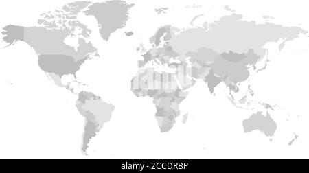Mappa del mondo in quattro tonalità di grigio su sfondo bianco. Mappa politica vuota in alto dettaglio. Illustrazione vettoriale con percorso composto etichettato di ciascun paese. Illustrazione Vettoriale