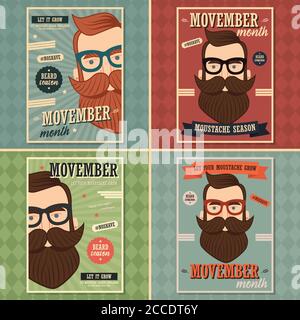 Poster design di Movember, consapevolezza del cancro alla prostata, uomo hipster con barba e baffi, illustrazione vettoriale Illustrazione Vettoriale