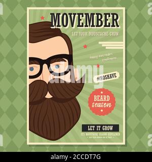 Poster design di Movember, consapevolezza del cancro alla prostata, uomo hipster con barba e baffi, illustrazione vettoriale Illustrazione Vettoriale