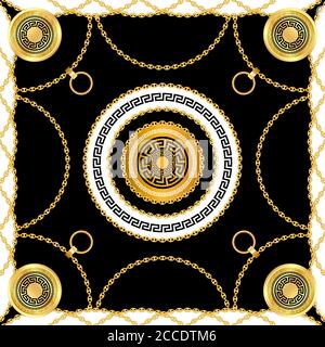 Design a sciarpa per stampe in seta. Catene d'oro su sfondo nero. Modello moderno pronto per il tessile. Foto Stock